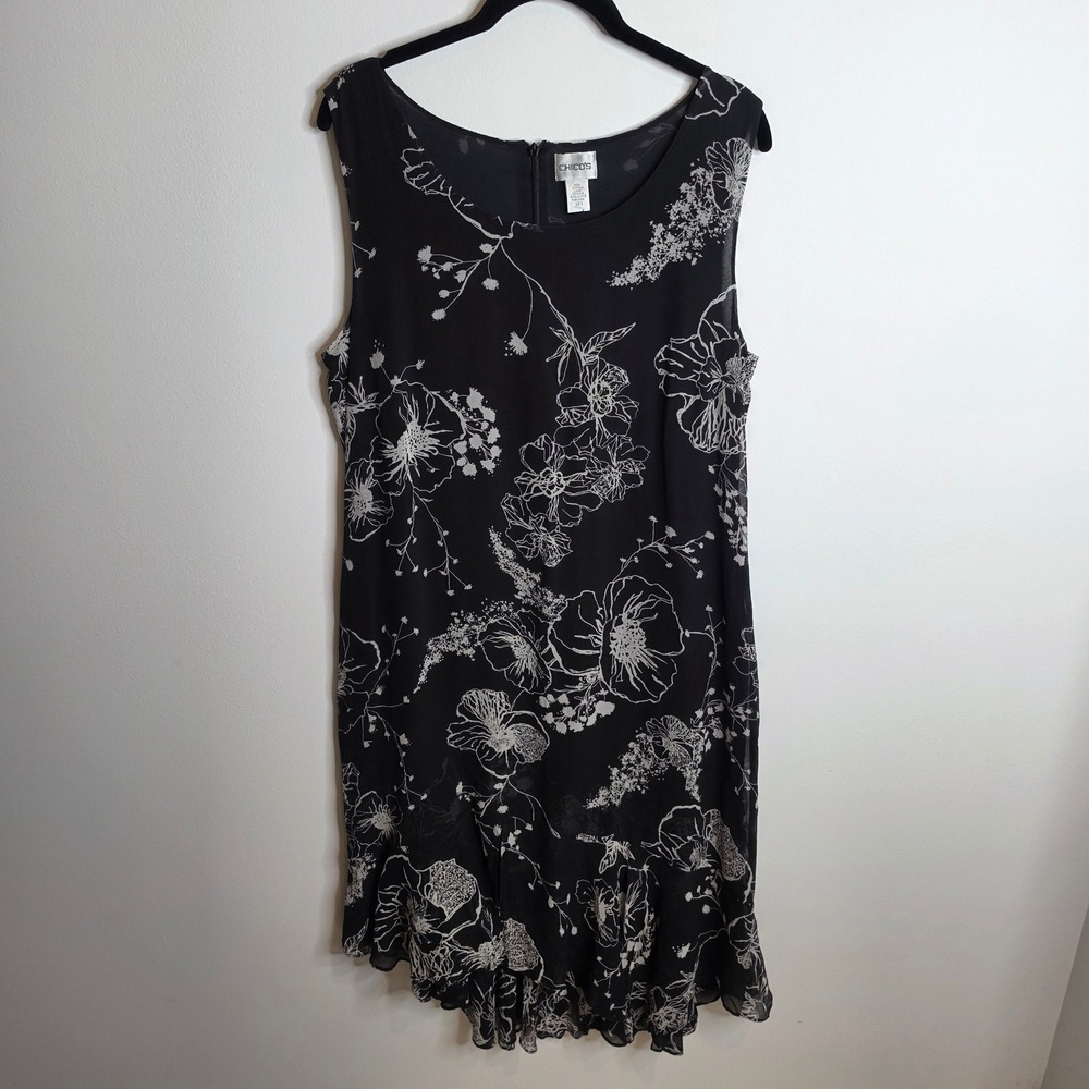 Chico's Silk Floral Sleeveless Ruffle Hem Dress Womens 3 (XL) Black White